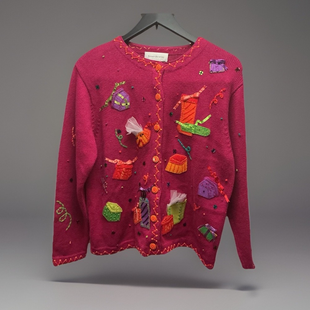 Susan Bristol Vintage Holiday Cardigan Sweater Pink Gift Present Embroidery L‎